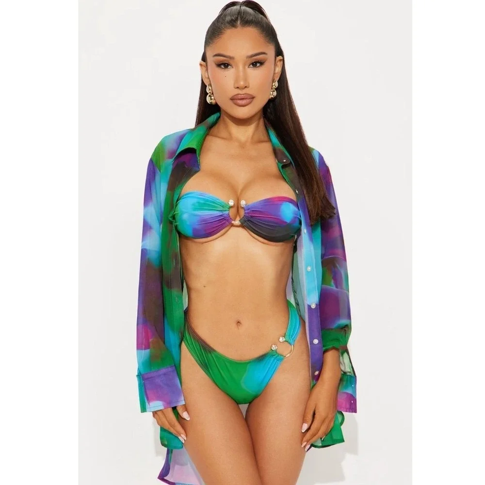 Fashion Nova Swim Watercolor Tie Dye O-Ring Rhinestone Bikini Set Size M NWT